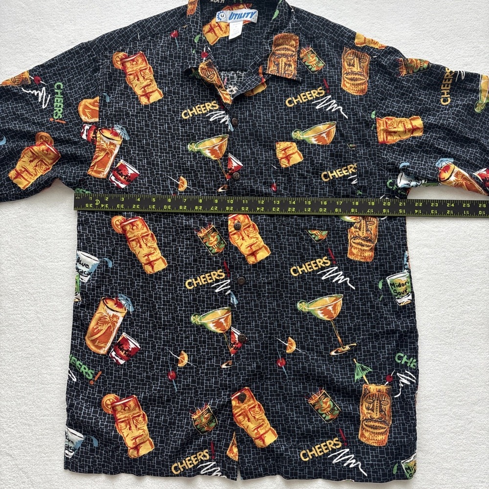 Utility Tiki Cocktail Shirt Mens Medium Black Rayon Short Sleeve Button Down - Picture 11 of 16